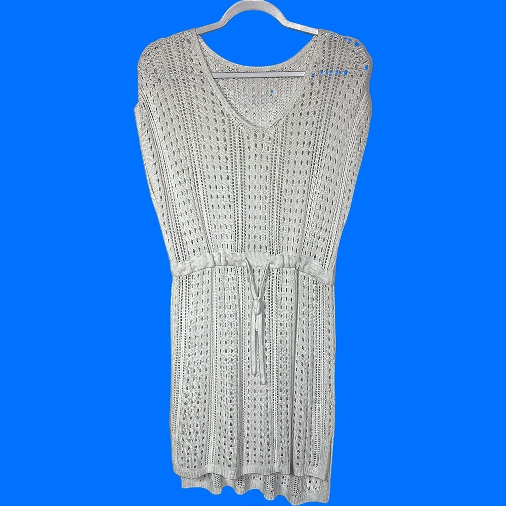 White Crochet Knit Swim Cover Up Dress Drawstring Waist V-Neck Large J1C213